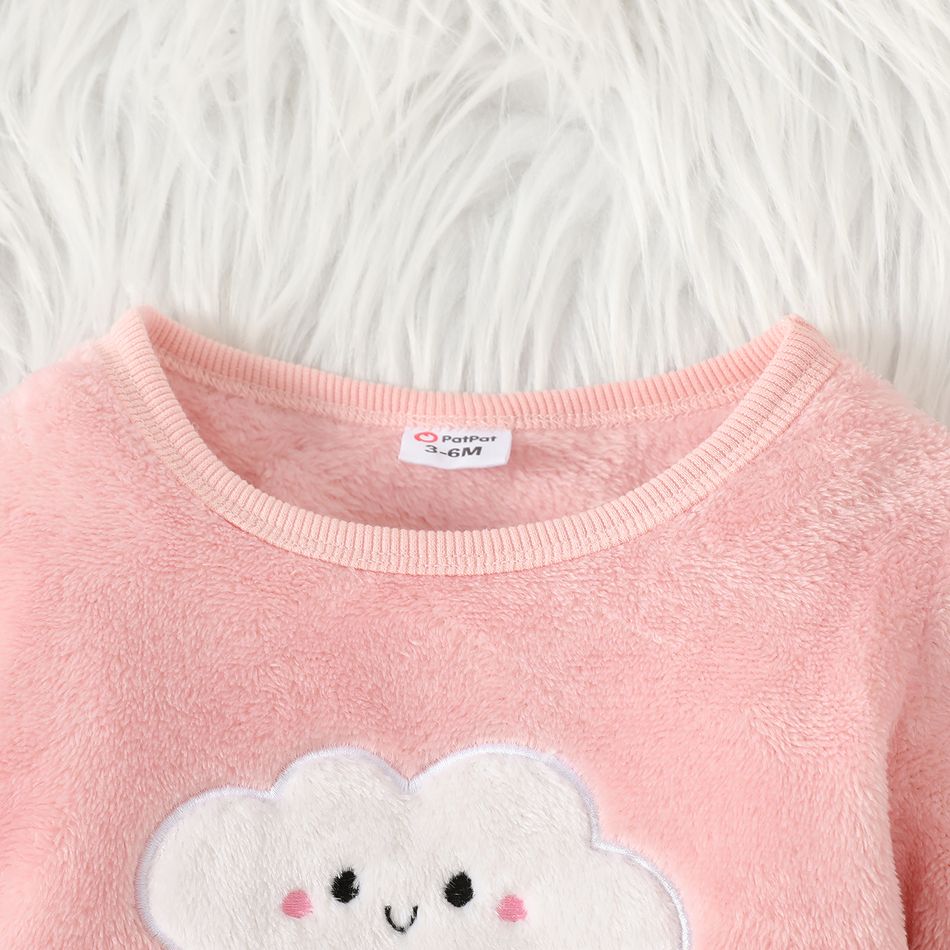 Baby Girl Cloud Embroidered Pink Thermal Fleece Long-sleeve Jumpsuit Pink big image 3
