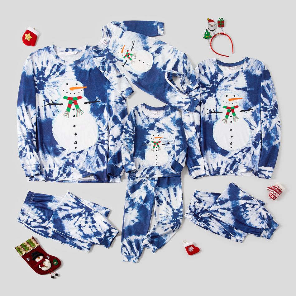 Christmas Family Matching Snowman Graphic Allover Blue Print Long-sleeve Pajamas Sets (Flame Resistant) BLUEWHITE big image 1