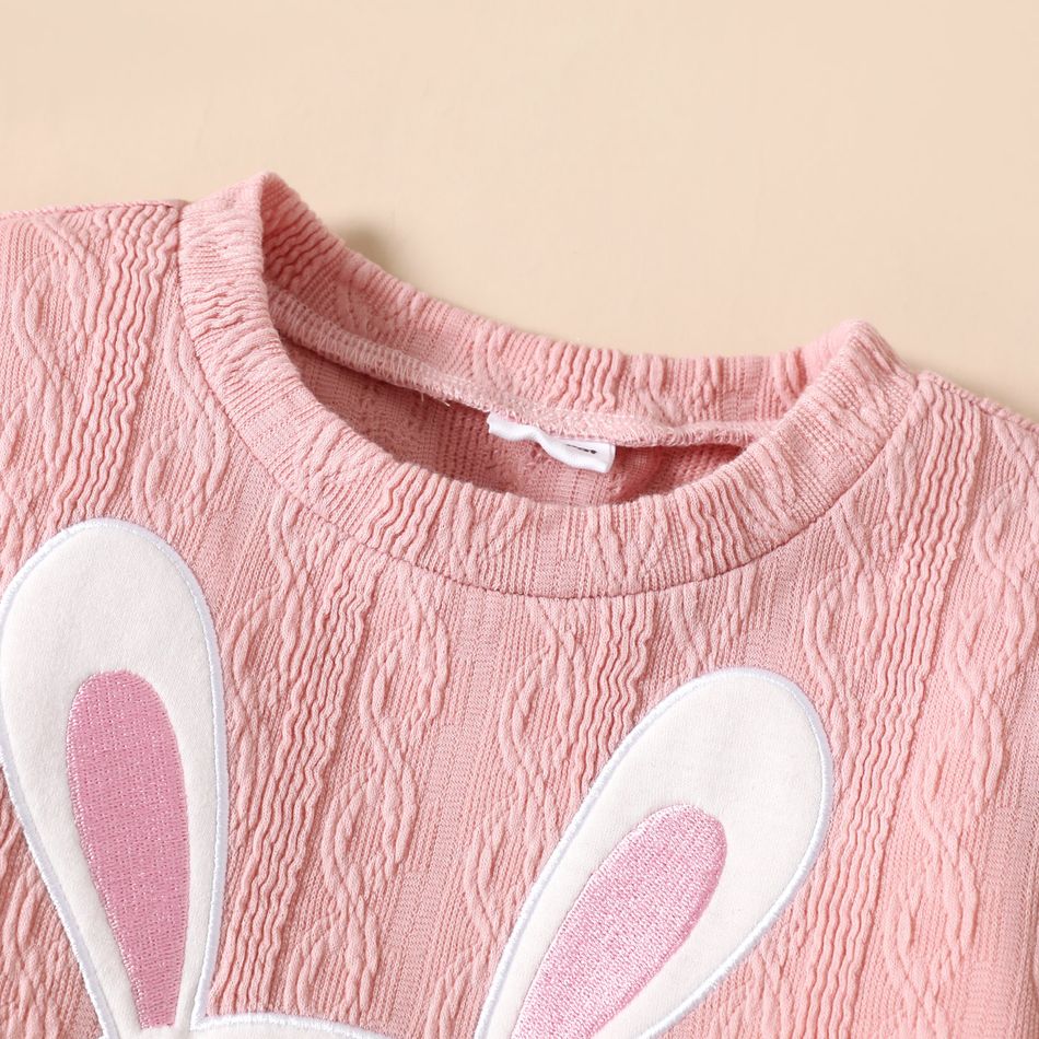 2pcs Toddler Girl Cute Rabbit Embroidered Textured Sweatshirt and Button Design Pink Skirt Set Pink big image 4