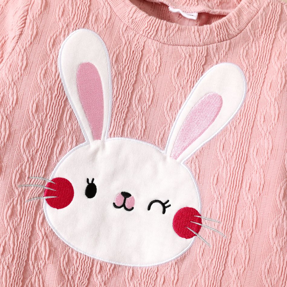 2pcs Toddler Girl Cute Rabbit Embroidered Textured Sweatshirt and Button Design Pink Skirt Set Pink big image 3