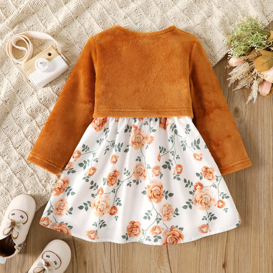 2pcs Toddler Girl Floral Print Sleeveless Dress and Fuzzy Fleece Cardigan Set Brown big image 3