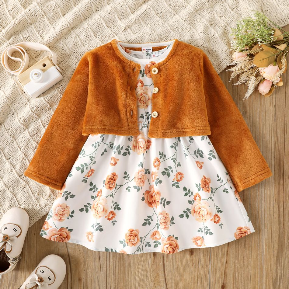 2pcs Toddler Girl Floral Print Sleeveless Dress and Fuzzy Fleece Cardigan Set Brown big image 2
