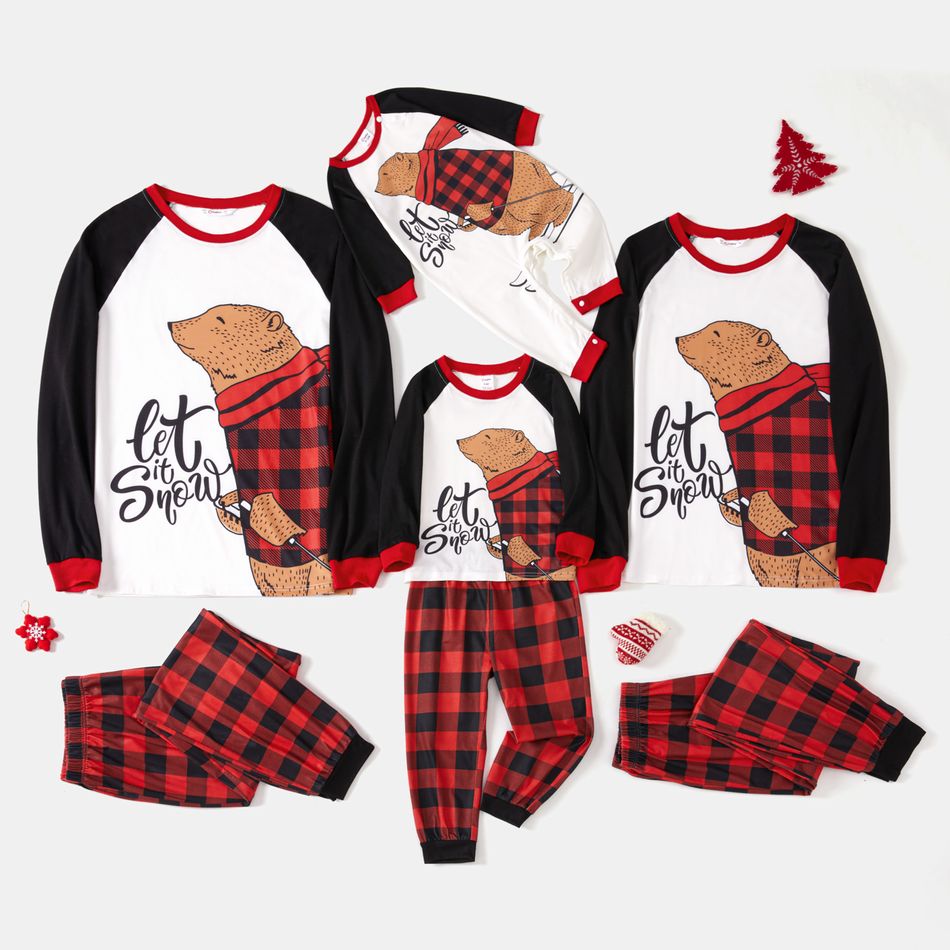 Christmas Family Matching Bear & Letter Print Raglan-sleeve Red Plaid Pajamas Sets (Flame Resistant) redblack