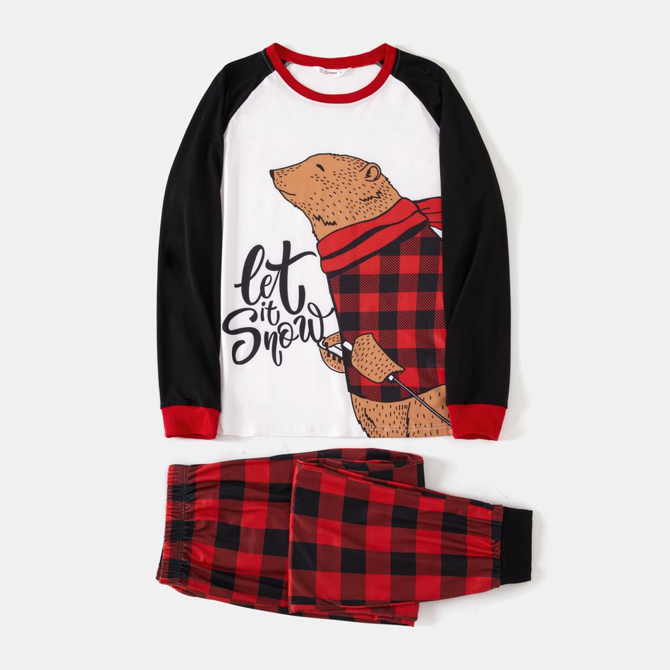 Christmas Family Matching Bear & Letter Print Raglan-sleeve Red Plaid Pajamas Sets (Flame Resistant) redblack big image 7