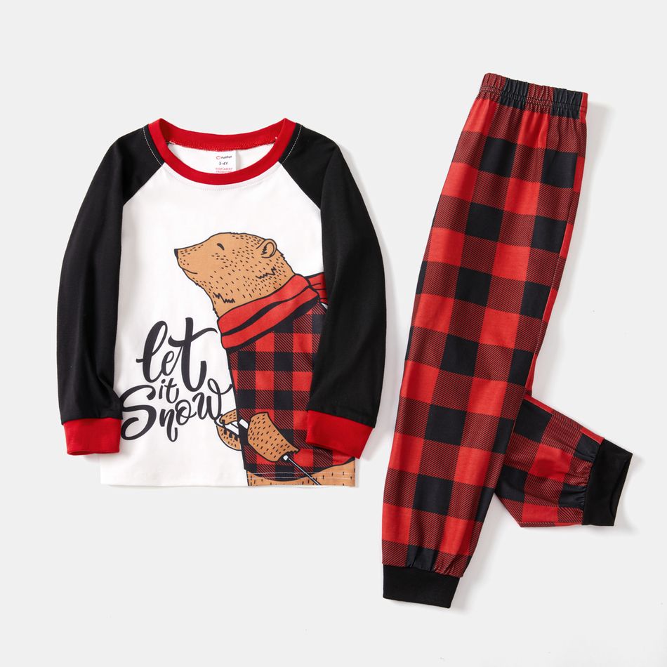 Christmas Family Matching Bear & Letter Print Raglan-sleeve Red Plaid Pajamas Sets (Flame Resistant) redblack big image 12