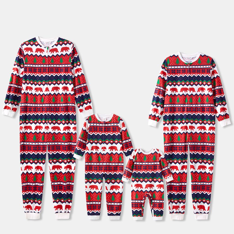 Christmas Family Matching Allover Print Red Long-sleeve Zipper Onesies Pajamas (Flame Resistant) MultiColour big image 5