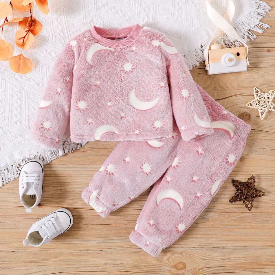 2pcs Baby Boy/Girl Glow In The Dark Moon & Stars Design Fuzzy Long-sleeve Set Pink