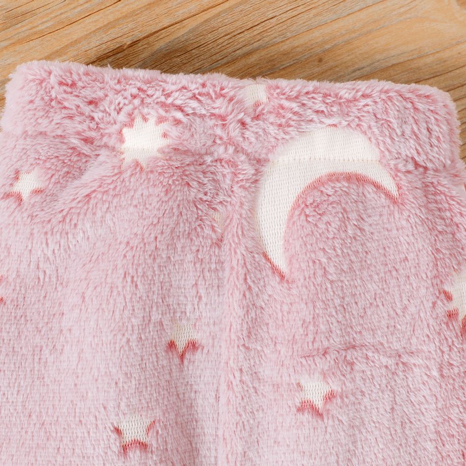 2pcs Baby Boy/Girl Glow In The Dark Moon & Stars Design Fuzzy Long-sleeve Set Pink big image 7