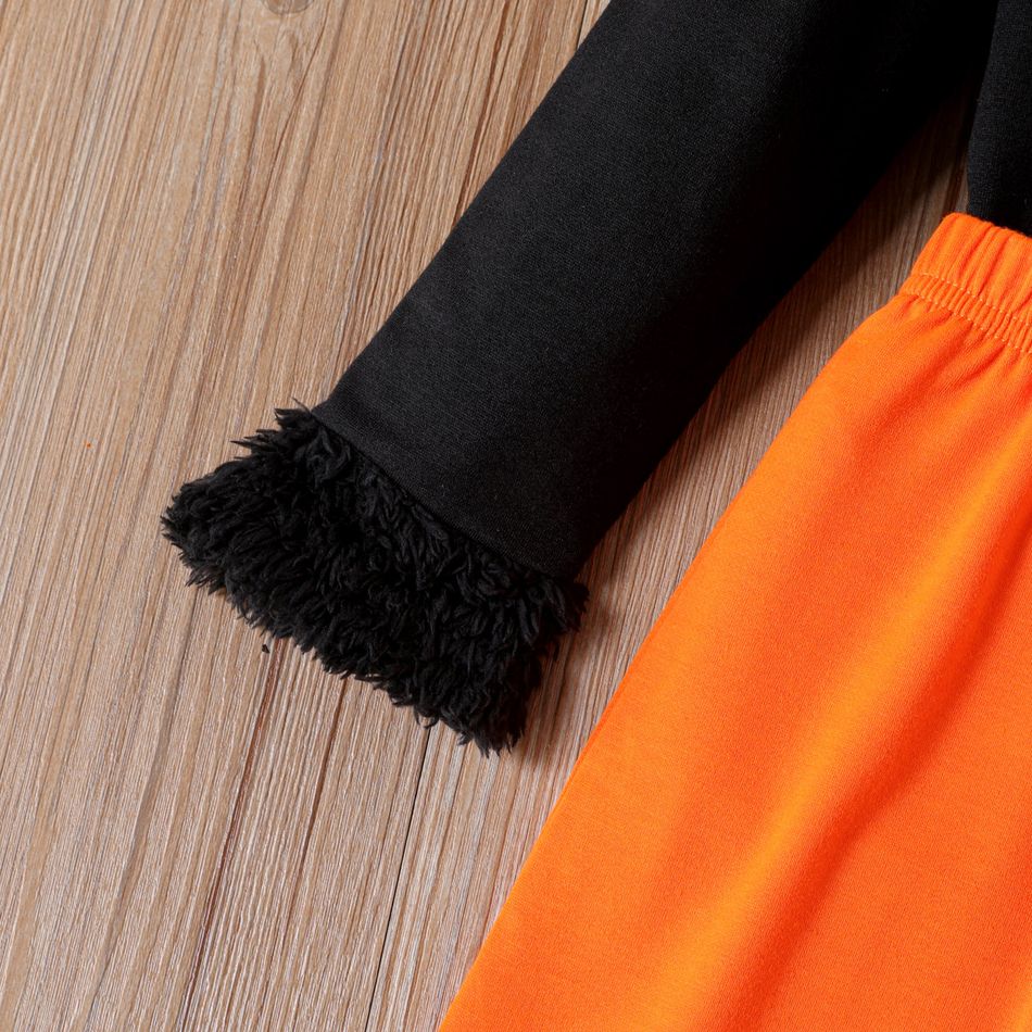 2pcs Kid Girl Fleece Splice Long-sleeve Tee and Bowknot Design Slit Skirt Set Black big image 2