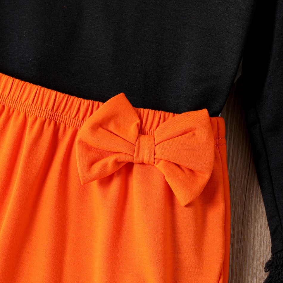 2pcs Kid Girl Fleece Splice Long-sleeve Tee and Bowknot Design Slit Skirt Set Black big image 3