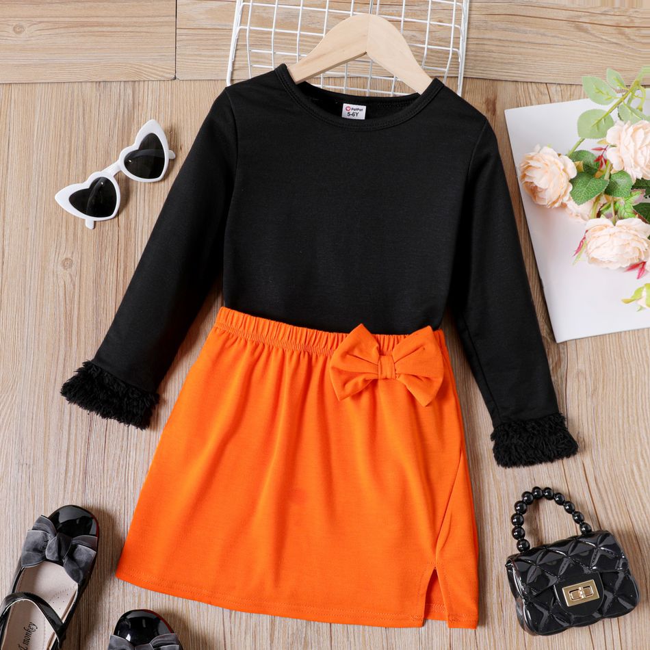 2pcs Kid Girl Fleece Splice Long-sleeve Tee and Bowknot Design Slit Skirt Set Black big image 1