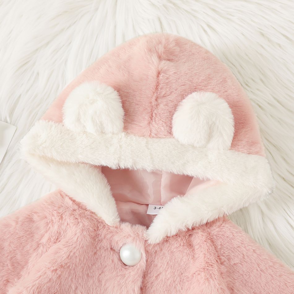 Baby Girl Rabbit Ear Hooded Half-sleeve Thermal Fuzzy Coat Pink