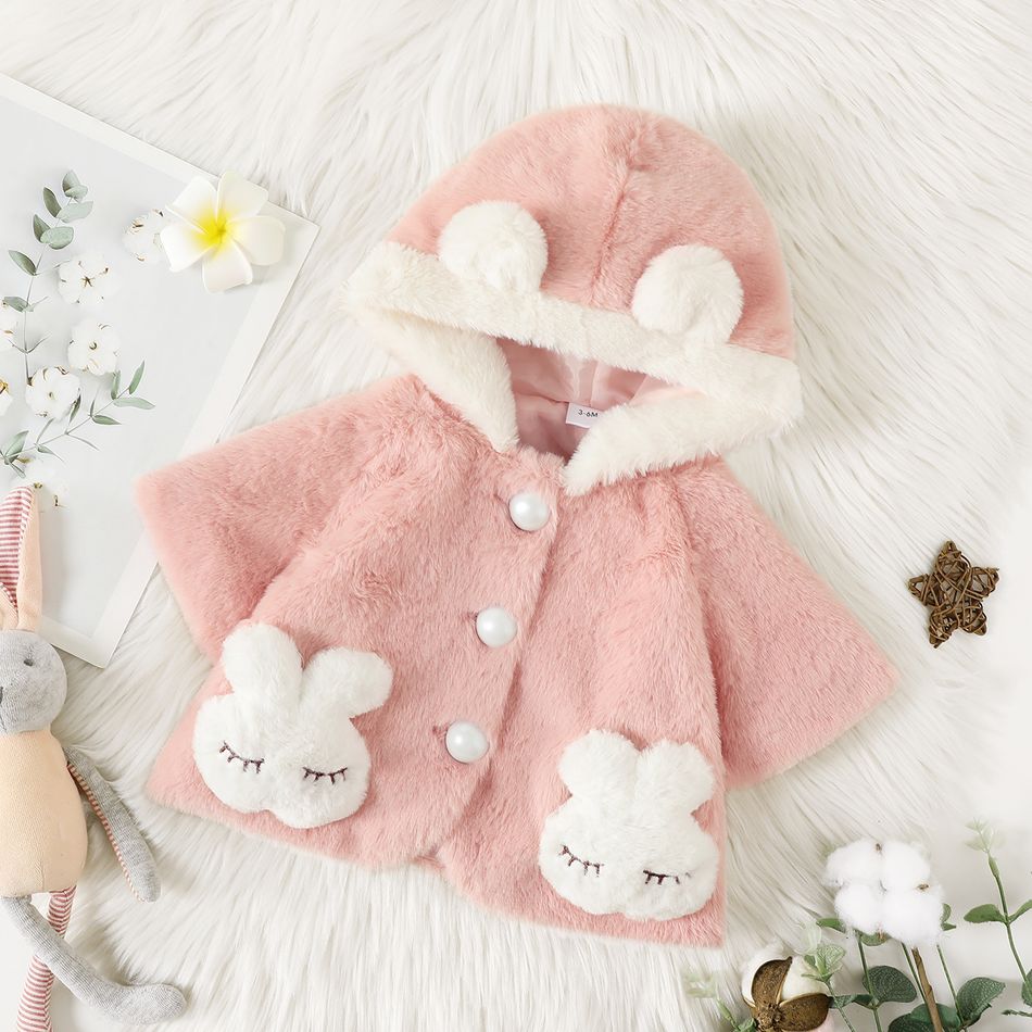 Baby Girl Rabbit Ear Hooded Half-sleeve Thermal Fuzzy Coat Pink big image 1