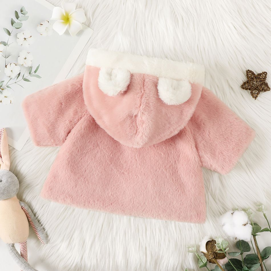 Baby Girl Rabbit Ear Hooded Half-sleeve Thermal Fuzzy Coat Pink big image 2