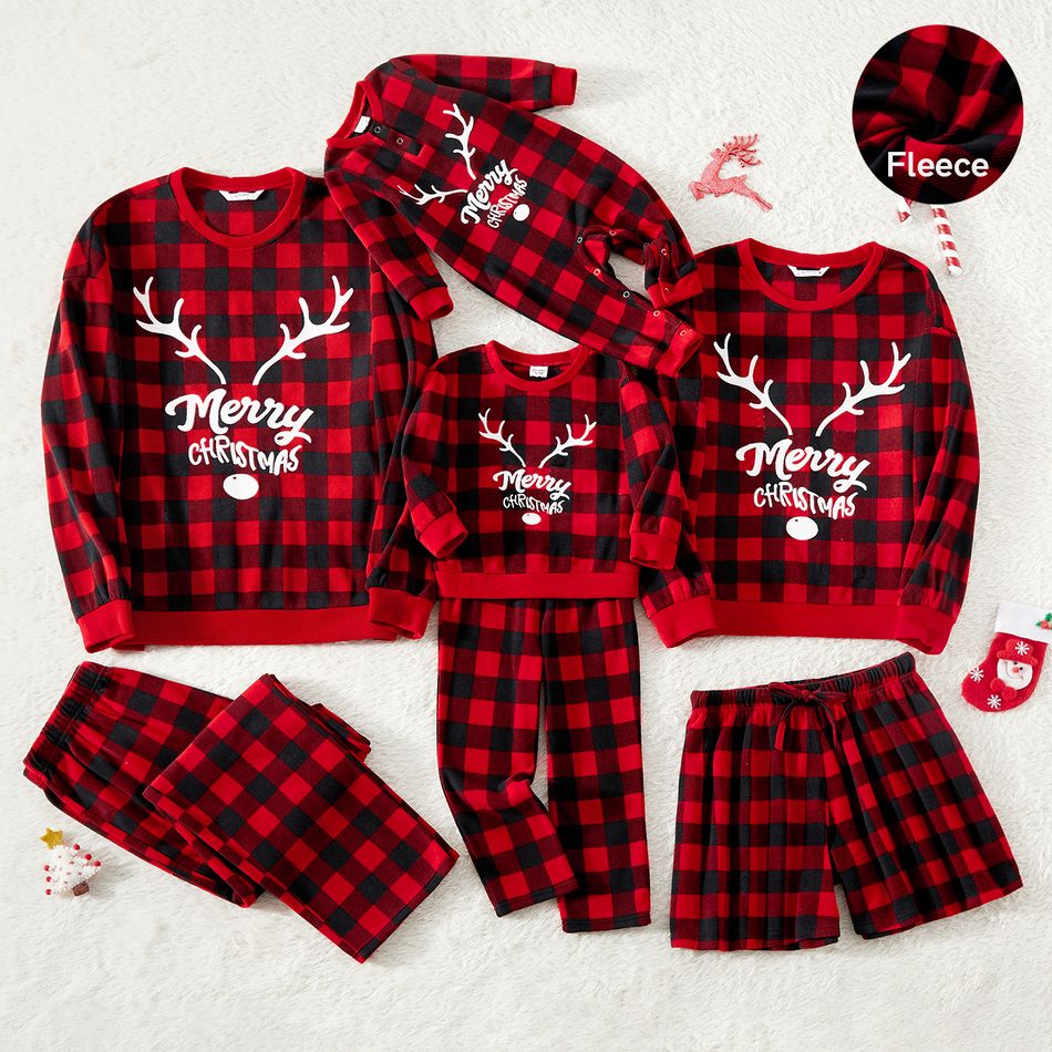 Christmas Family Matching Antler & Letter Embroidered Red Plaid Thickened Polar Fleece Long-sleeve Pajamas Sets (Flame Resistant) redblack big image 1