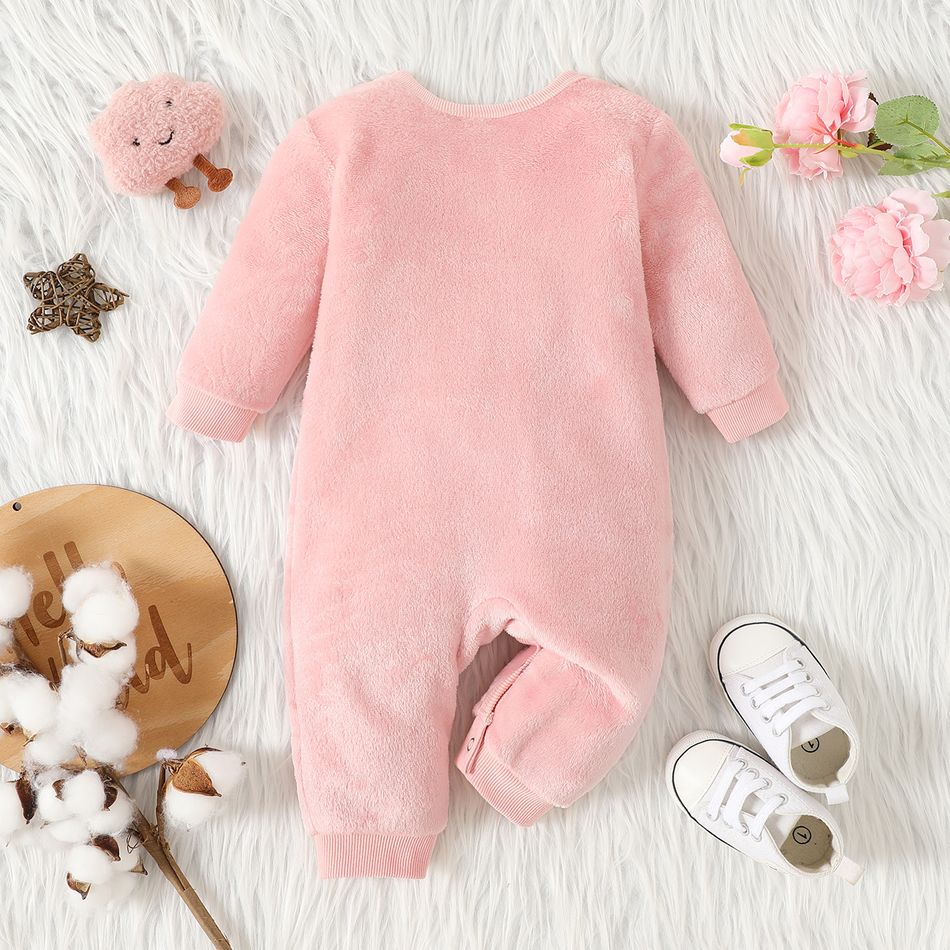 Baby Girl Cloud Embroidered Pink Thermal Fleece Long-sleeve Jumpsuit Pink big image 2