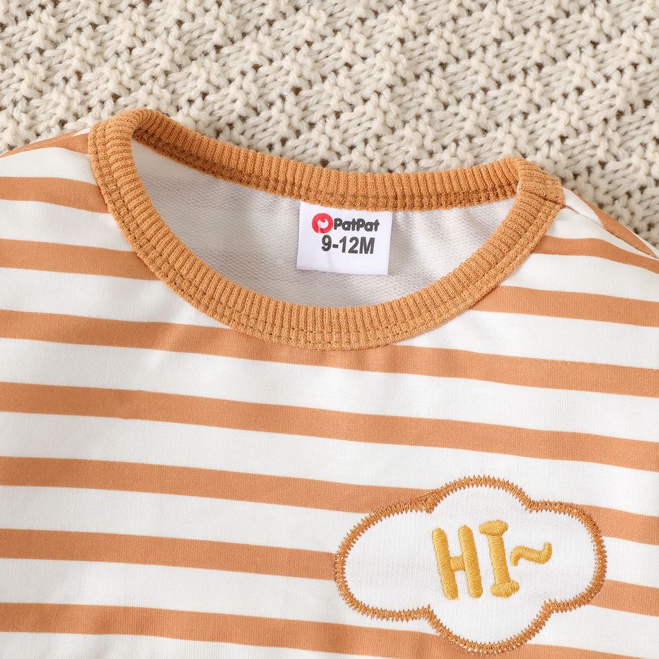 Baby Girl Puppy Embroidered Striped Long-sleeve Sweatshirt Khaki big image 4