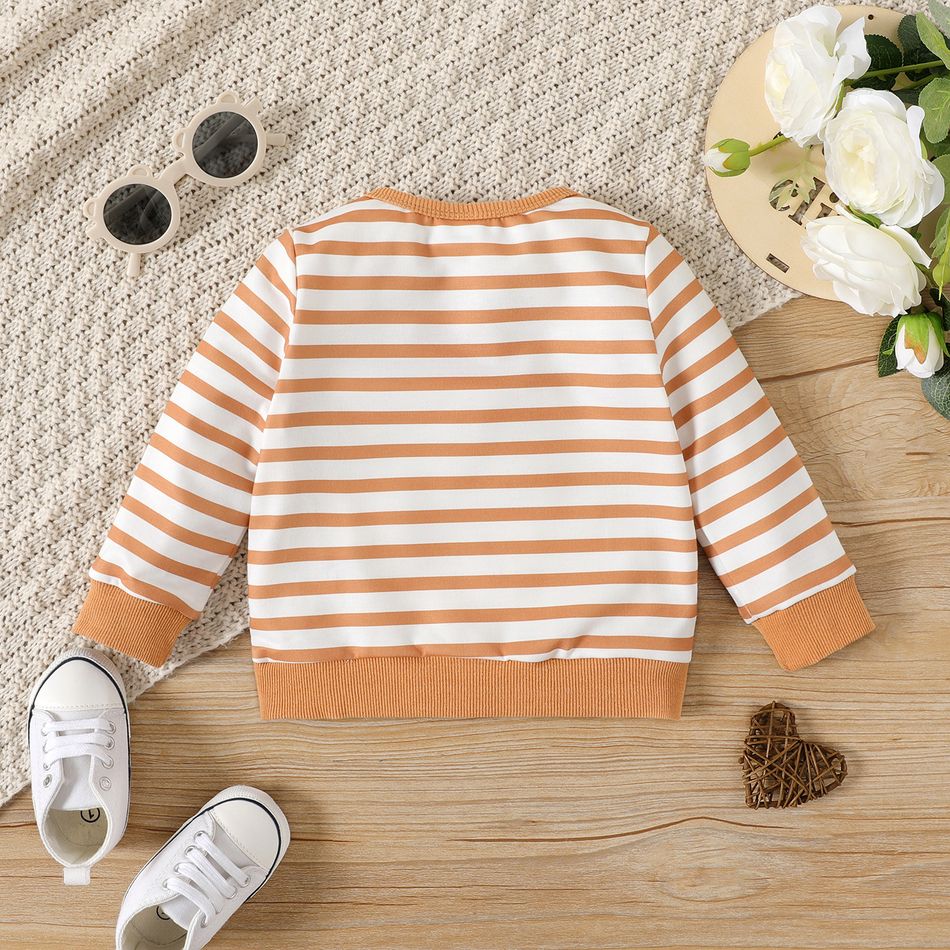 Baby Girl Puppy Embroidered Striped Long-sleeve Sweatshirt Khaki big image 3