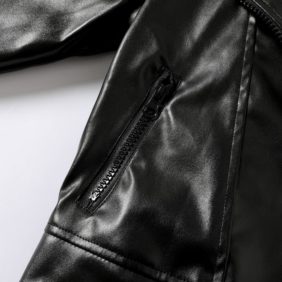 Kid Boy Notched Collar Zipper Design PU Black Jacket Black big image 4