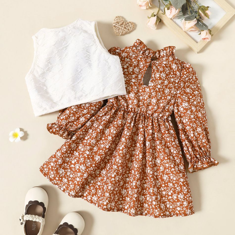 2pcs Toddler Girl Ruffle Collar Floral Print Long-sleeve Dress and Bowknot Design Vest Set Brown big image 2