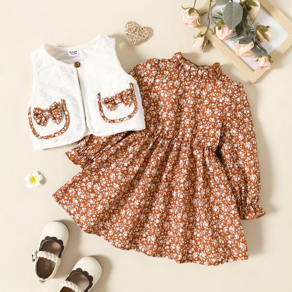 2pcs Toddler Girl Ruffle Collar Floral Print Long-sleeve Dress and Bowknot Design Vest Set Brown