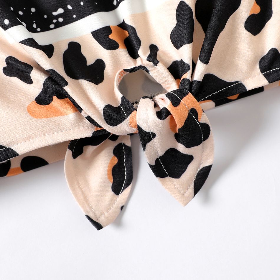 2pcs Kid Girl Letter Leopard Print Tie Knot Long-sleeve Tee and Colorblock Pants Set Black big image 4