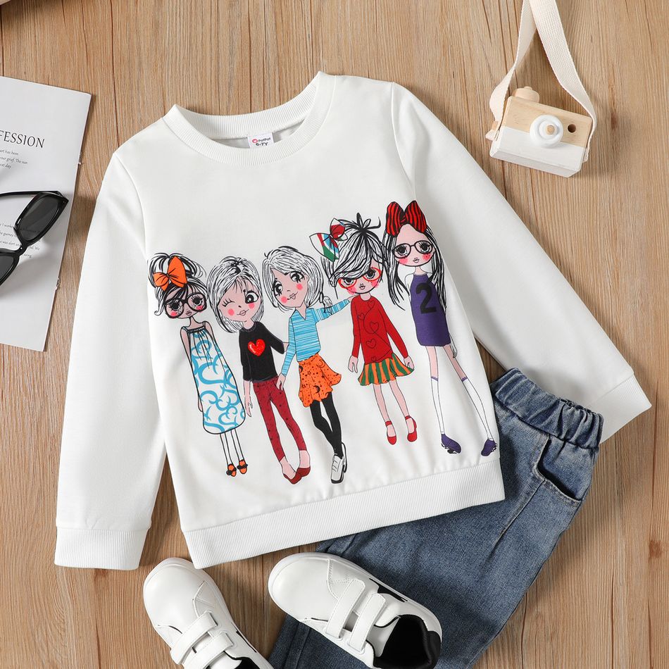 Kid Girl Casual Figure Print Pullover Sweatshirt White big image 1