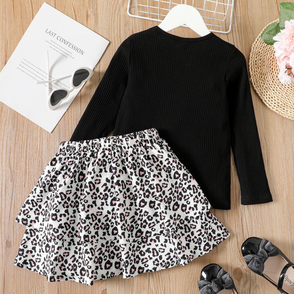 2pcs Kid Girl 3d Bowknot Design Long-sleeve Tee and Leopard Print Skirt Set Black big image 2