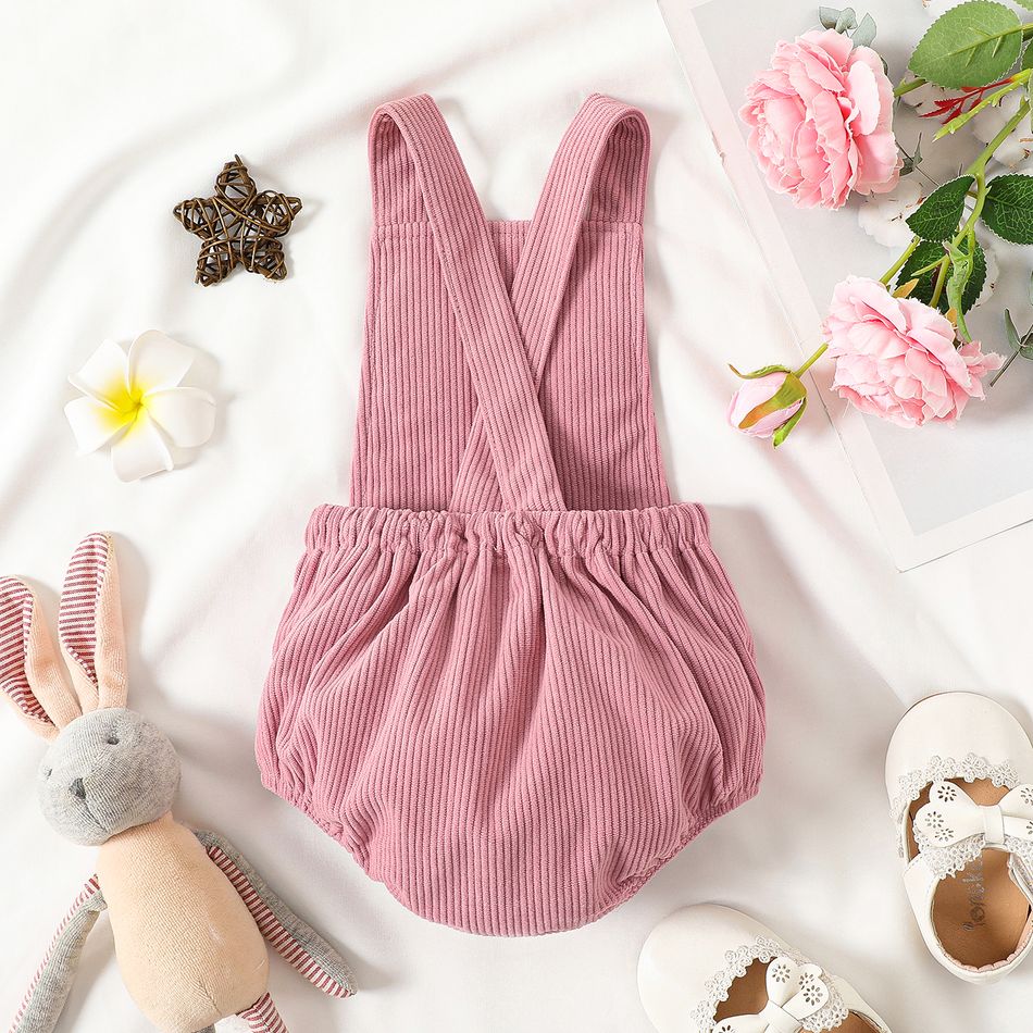 Baby Girl Animal Embroidered 3D Ears Detail Pink Corduroy Sleeveless Romper Pink big image 2