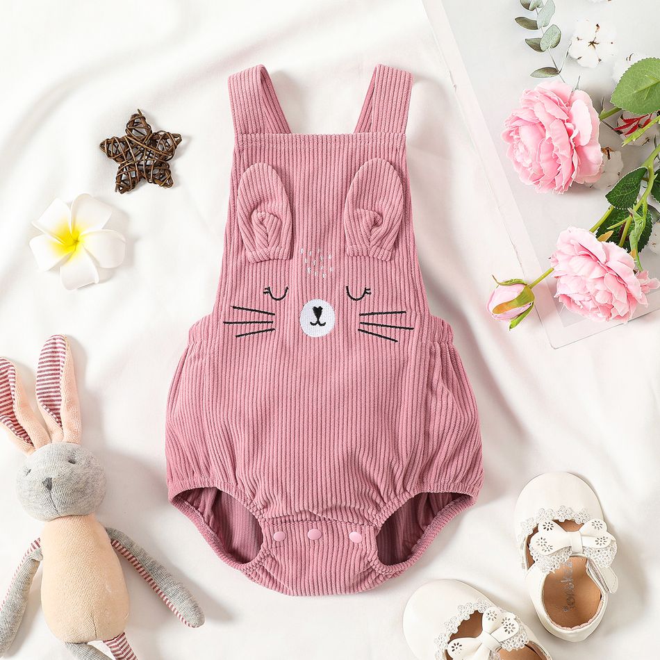 Baby Girl Animal Embroidered 3D Ears Detail Pink Corduroy Sleeveless Romper Pink big image 1