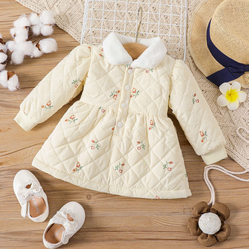 Baby Girl Allover Floral Print Fuzzy Collar Long-sleeve Thermal Quilted Coat Dress Beige big image 1