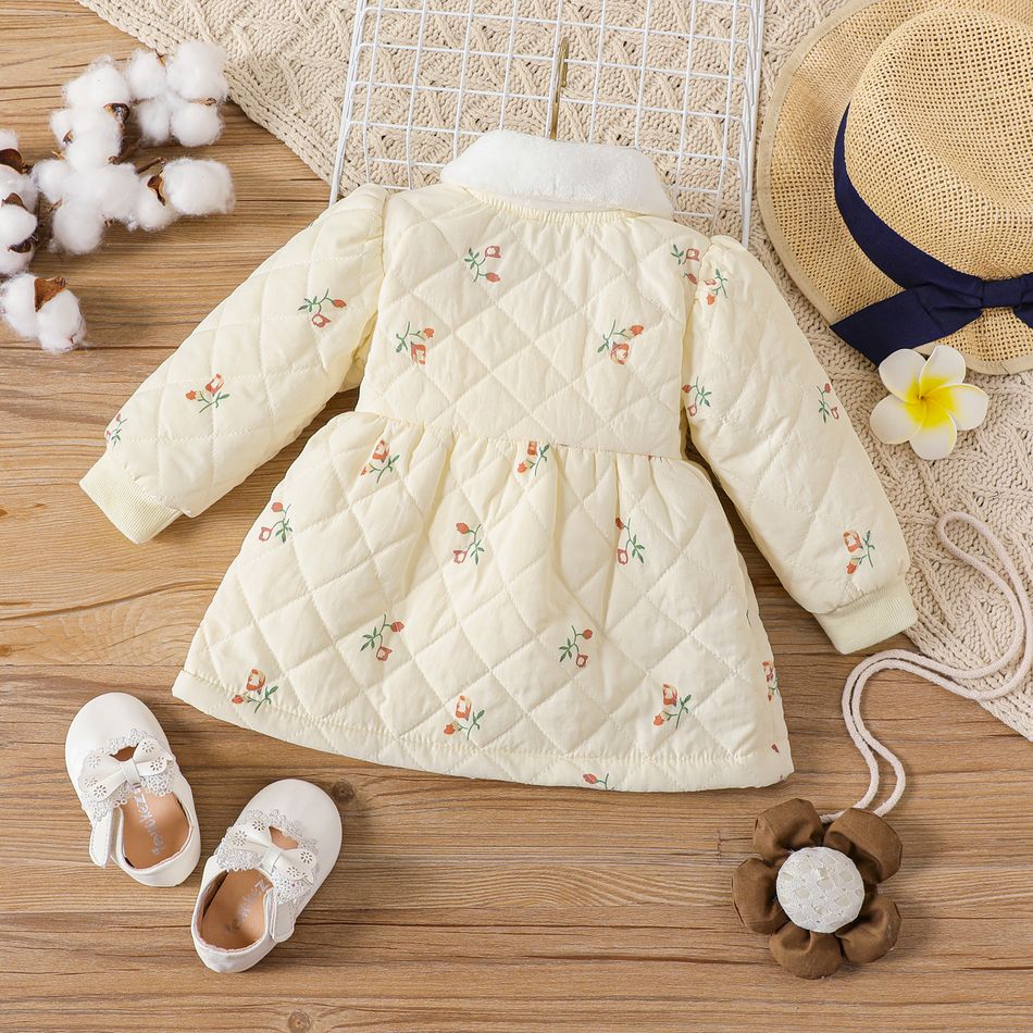 Baby Girl Allover Floral Print Fuzzy Collar Long-sleeve Thermal Quilted Coat Dress Beige big image 2