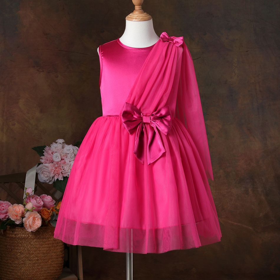 Kid Girl Bowknot Design Sleeveless Mesh Splice Evening Party Dress Pink big image 2