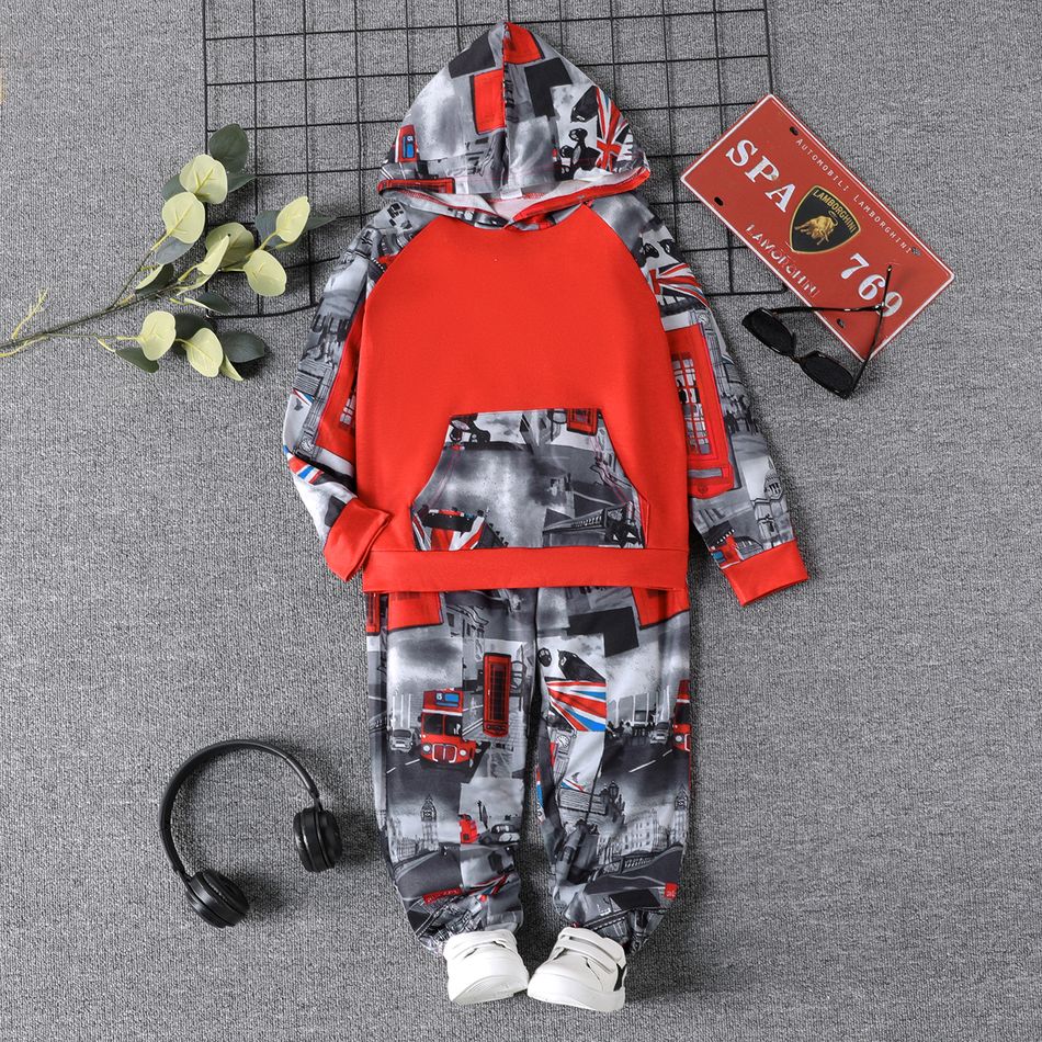 2pcs Kid Boy Building Print Colorblock Hoodie Sweatshirt and Elasticized Pants Set Red big image 1