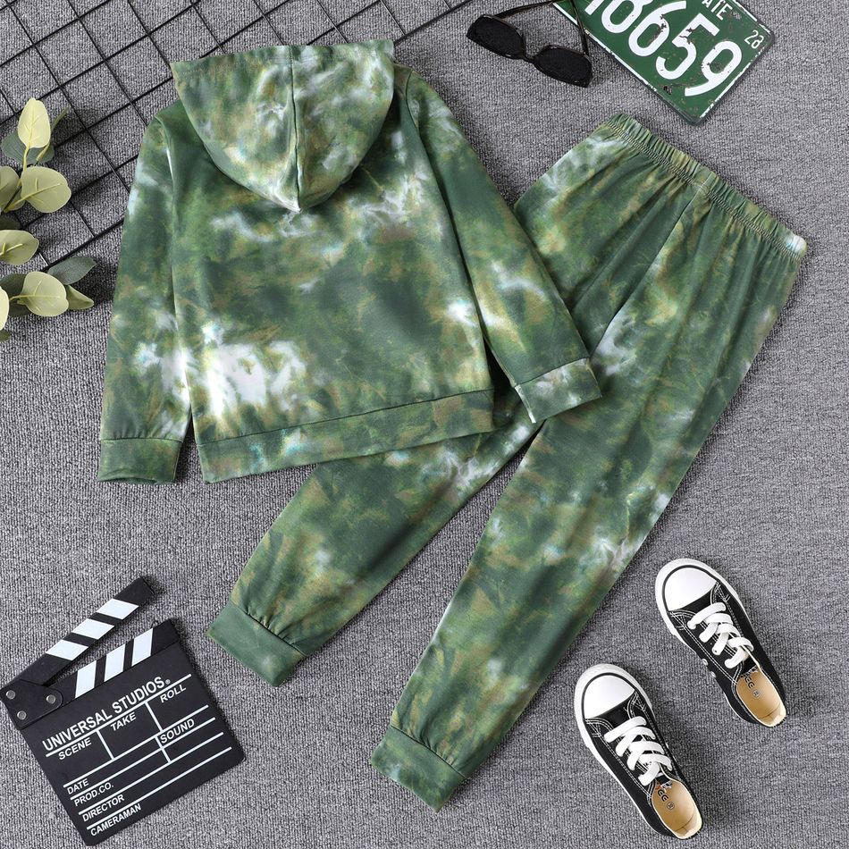 2pcs Kid Boy Letter Print Tie Dyed Hoodie Sweatshirt and Elasticized Pants Set Army green big image 2