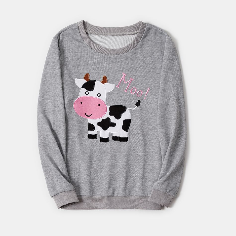 Mommy and Me Letter & Cow Embroidered Grey Long-sleeve Sweatshirts Grey big image 2