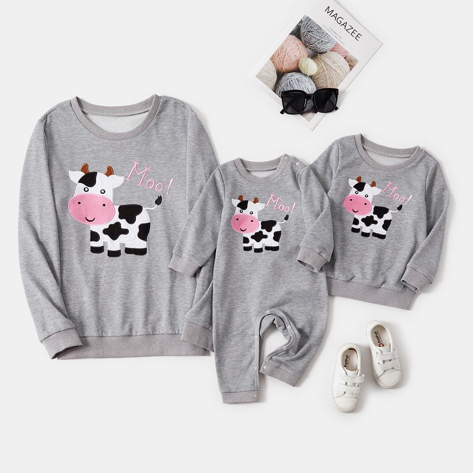 Mommy and Me Letter & Cow Embroidered Grey Long-sleeve Sweatshirts Grey