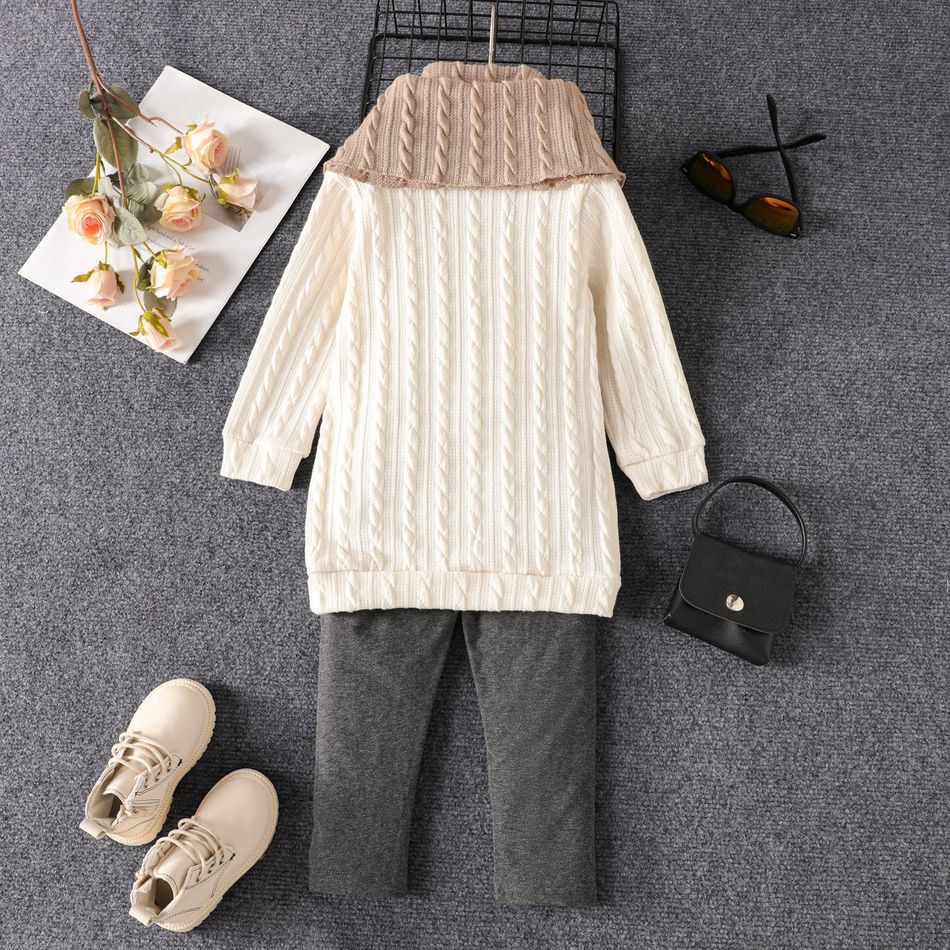 3pcs Toddler Girl Basic Textured Scarf & Sweatshirt and Elasticized Leggings Set White big image 3