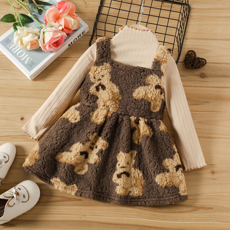 2pcs Toddler Girl Turtleneck Long-sleeve Tee and Bear Pattern Fleece Overall Dress Set Brown big image 5