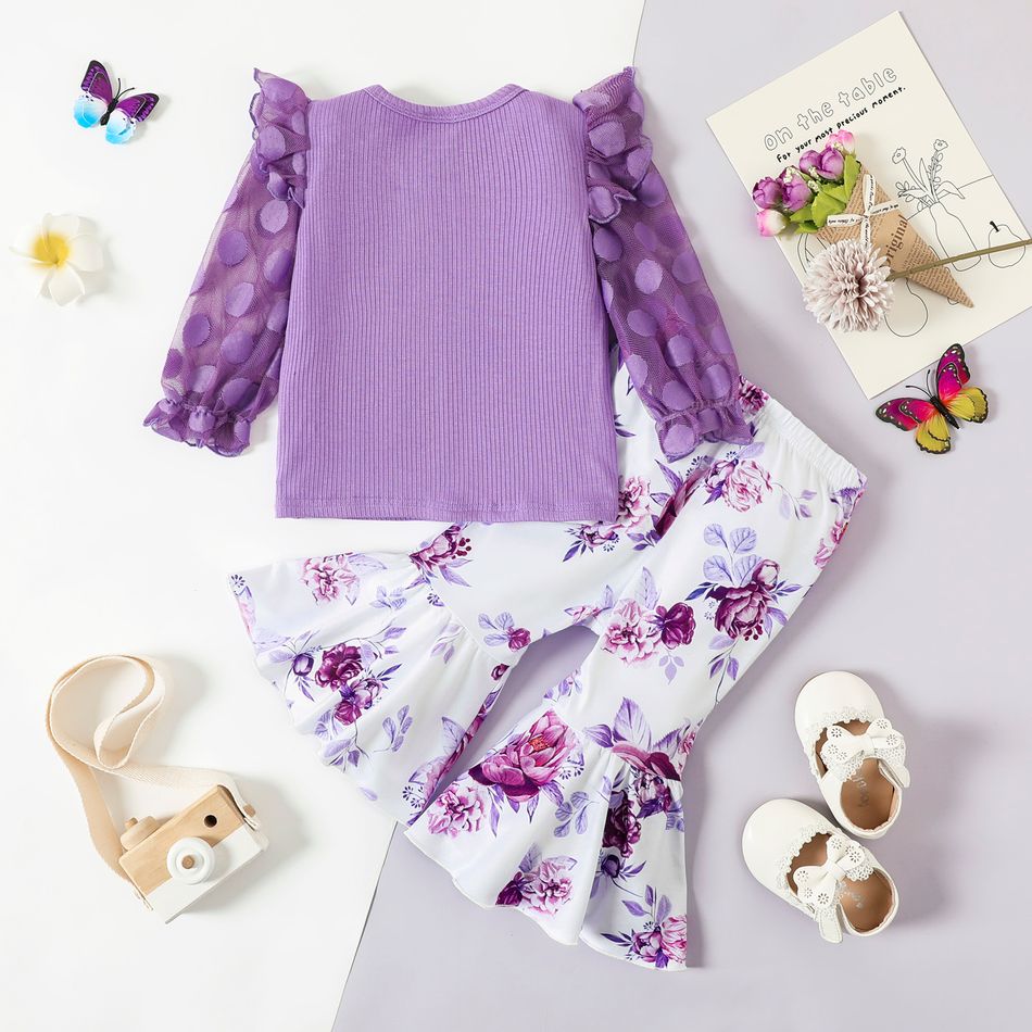 2pcs Baby Girl Purple Polka Dot Mesh Ruffle Long-sleeve Ribbed Top and Allover Floral Print Flared Pants Set Purple big image 2