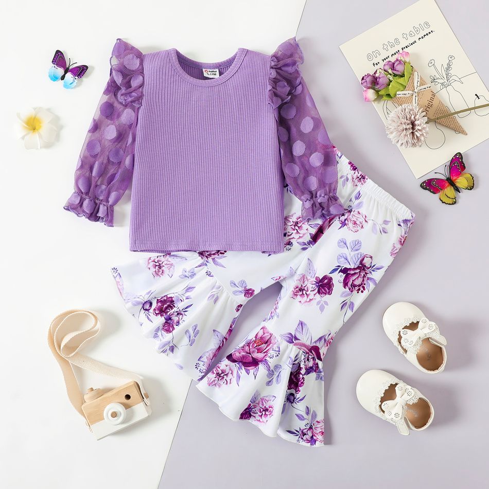 2pcs Baby Girl Purple Polka Dot Mesh Ruffle Long-sleeve Ribbed Top and Allover Floral Print Flared Pants Set Purple big image 1