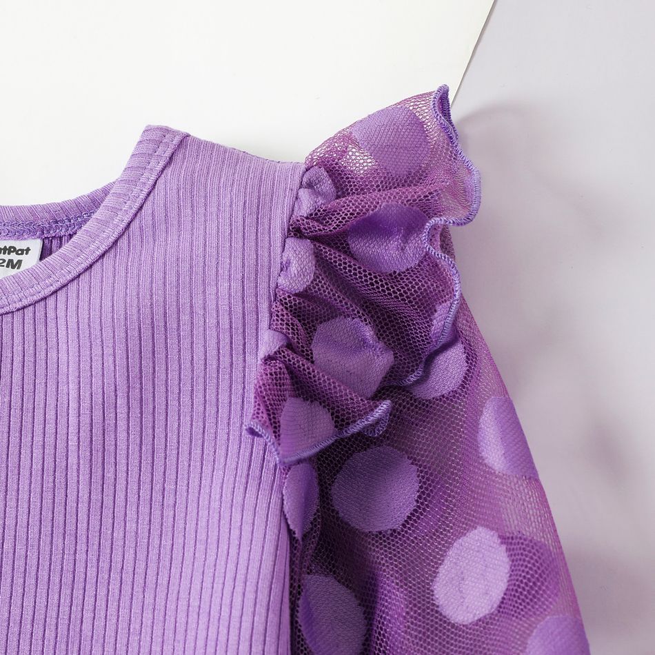 2pcs Baby Girl Purple Polka Dot Mesh Ruffle Long-sleeve Ribbed Top and Allover Floral Print Flared Pants Set Purple big image 3