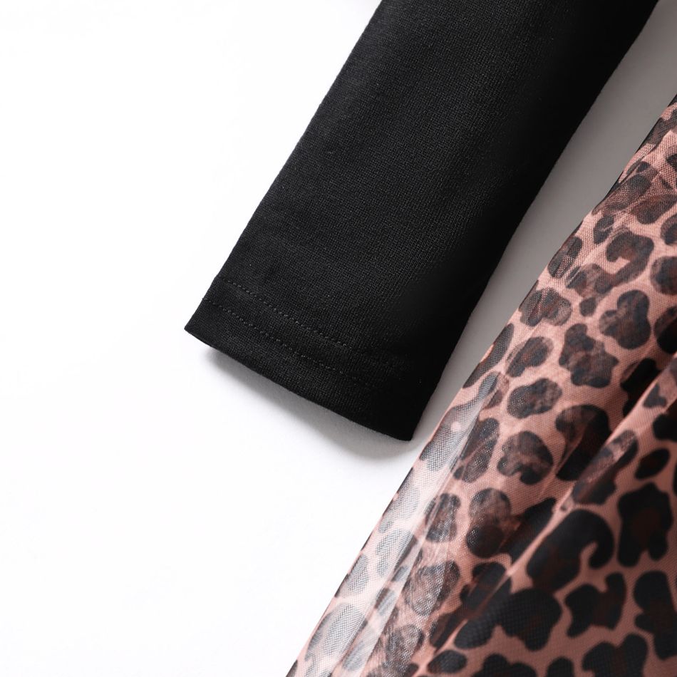 Toddler Girl Leopard Print Mesh Splice Bowknot Design Long-sleeve Dress Black big image 3