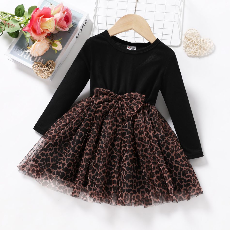 Toddler Girl Leopard Print Mesh Splice Bowknot Design Long-sleeve Dress Black