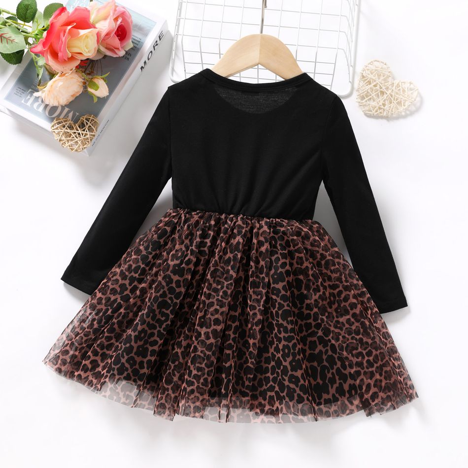 Toddler Girl Leopard Print Mesh Splice Bowknot Design Long-sleeve Dress Black big image 5