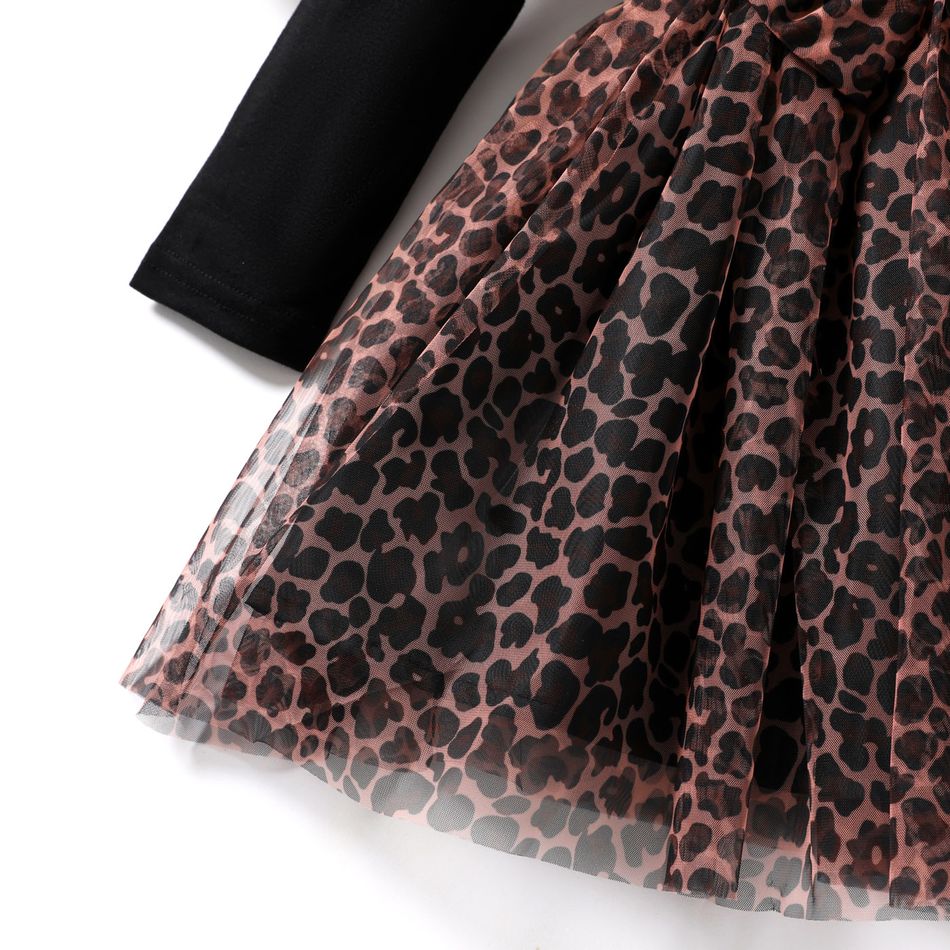 Toddler Girl Leopard Print Mesh Splice Bowknot Design Long-sleeve Dress Black big image 2