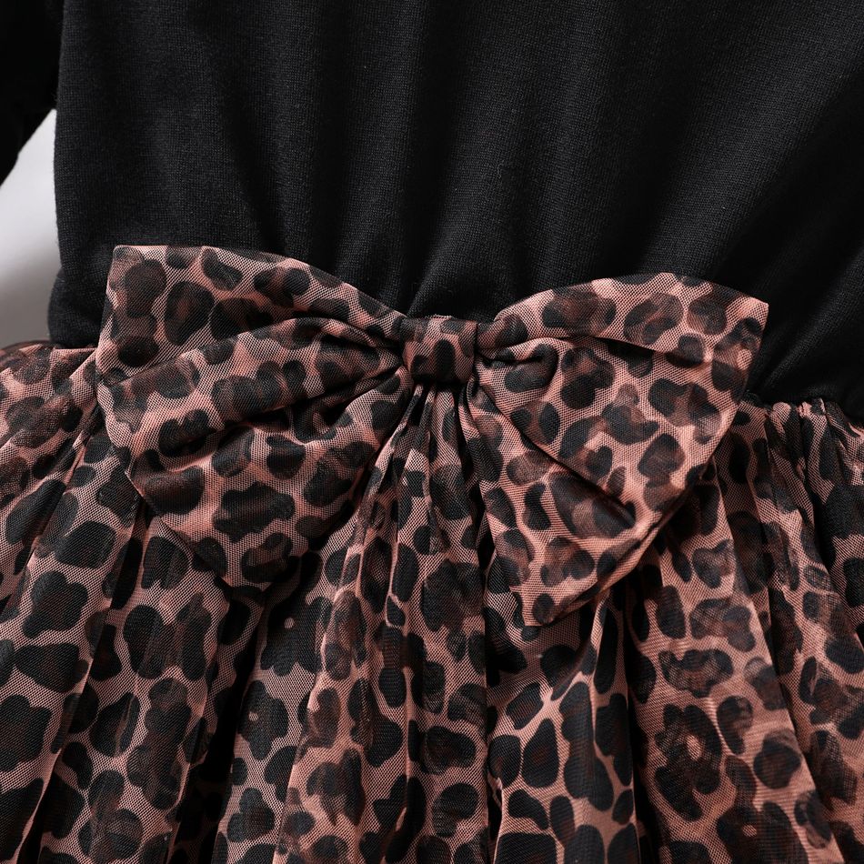 Toddler Girl Leopard Print Mesh Splice Bowknot Design Long-sleeve Dress Black big image 4
