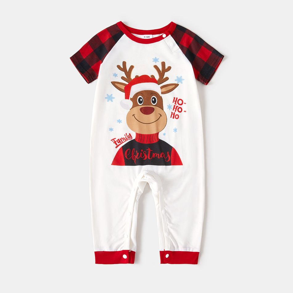 Christmas Family Matching Reindeer Print Short-sleeve Red Plaid Pajamas Sets (Flame Resistant) Black/White/Red big image 9
