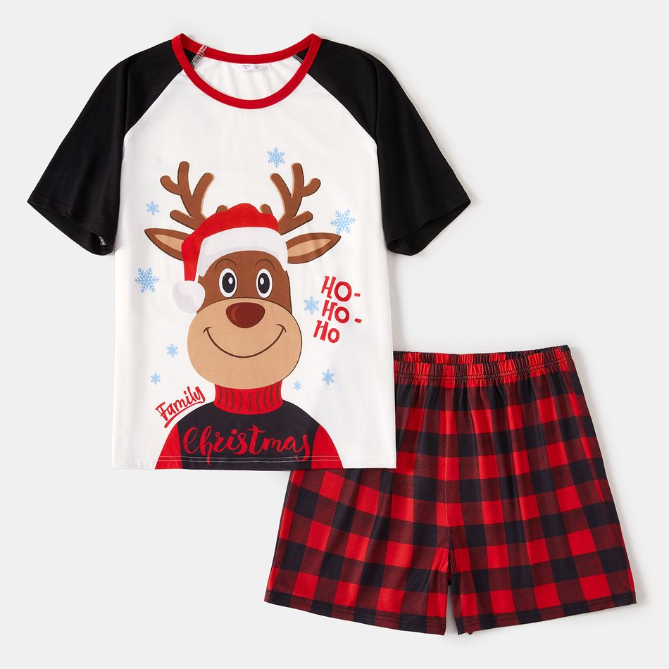 Christmas Family Matching Reindeer Print Short-sleeve Red Plaid Pajamas Sets (Flame Resistant) Black/White/Red big image 6