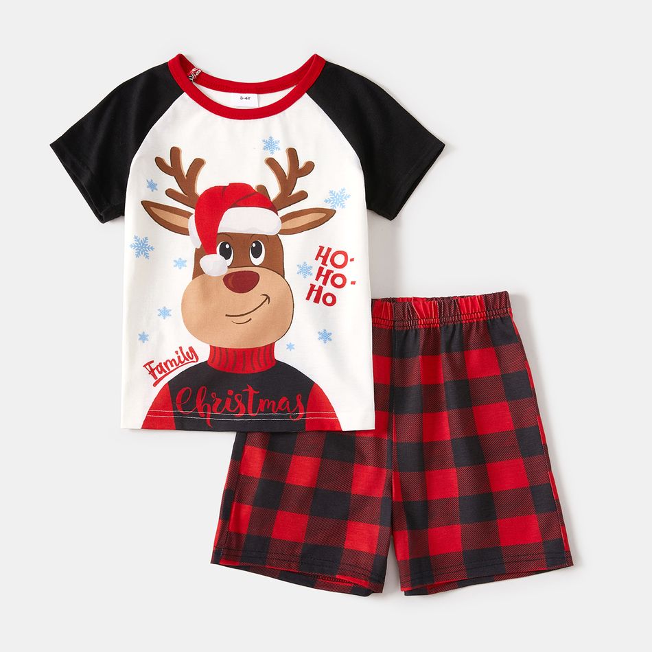 Christmas Family Matching Reindeer Print Short-sleeve Red Plaid Pajamas Sets (Flame Resistant) Black/White/Red big image 8